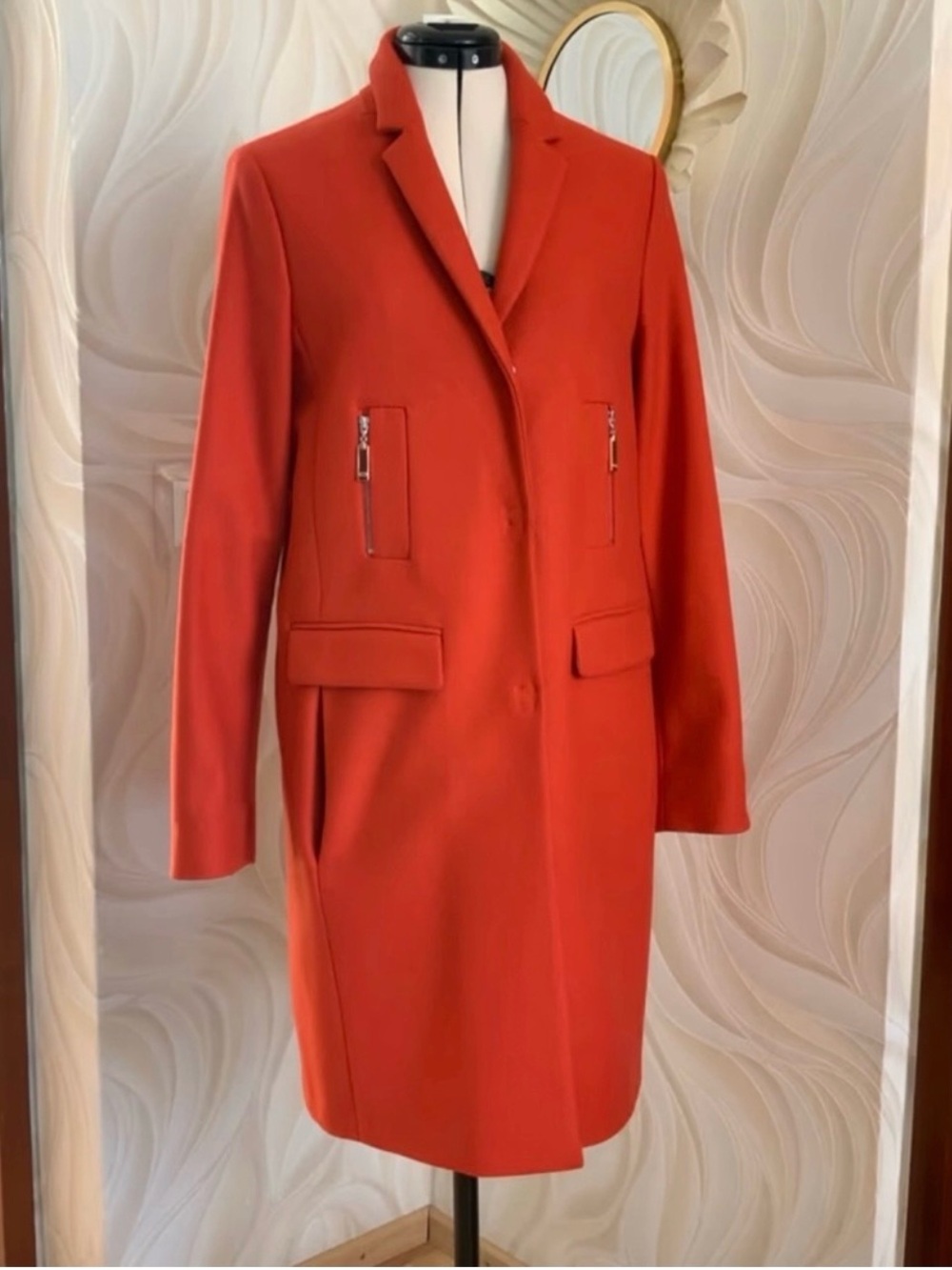 Escada Sport Single-Breasted Bright Red-Orange Wool Trench Coat